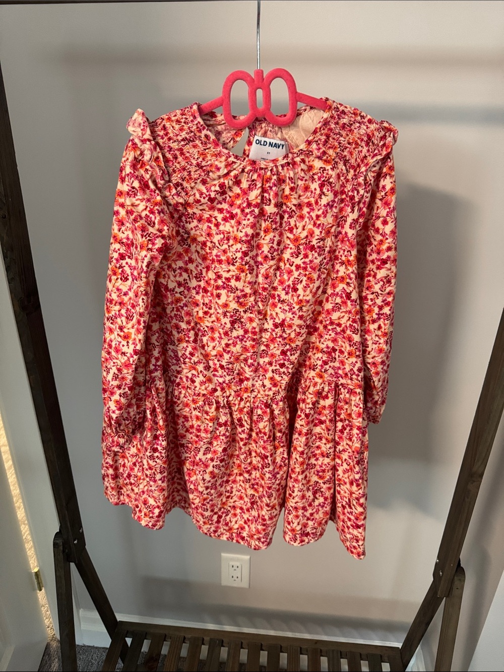 Old Navy Red and Cream Floral Long-Sleeve Girls' Dress